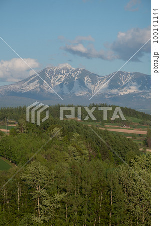 春の丘陵地帯と残雪の山並み　十勝岳連峰 100141144