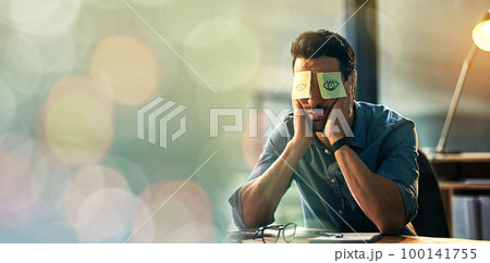 Tired, sleeping and man with sticky note on eyes for burnout, depression and low energy for career or business fatigue. Sleep, mental health and employee, worker or professional person nap at desk 100141755