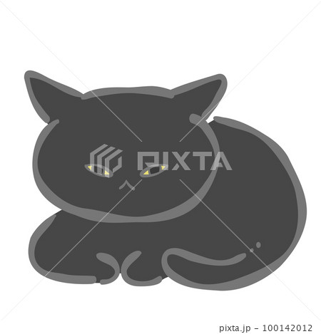 目を細めて座る黒猫のイラスト素材 100142012