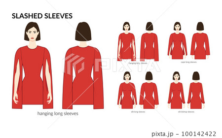 Set of Slashed sleeves clothes long, short, hanging, cape, slashed, slit technical fashion illustration with fitted body Set of Slashed sleeves clothes long, short, hanging, cape, slashed, slit technical fashion illustration with fitted body 100142422