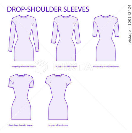 Set of Drop-shoulder sleeves clothes - long, short, 3-4, elbow length technical fashion illustration with fitted body 100142424