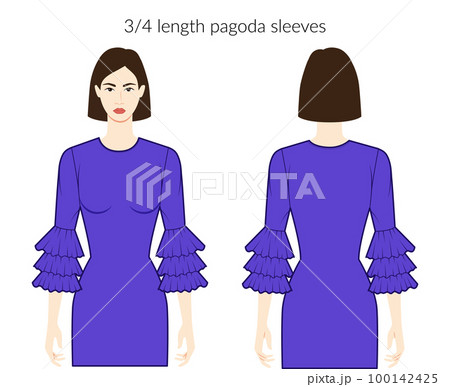 Pagoda sleeves clothes character beautiful lady in blue top, shirt, dress technical fashion illustration, 3-4 bracelet 100142425