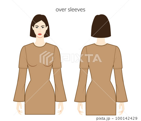 Over sleeves long length clothes character beautiful lady in nude top, shirt, dress technical fashion illustration 100142429