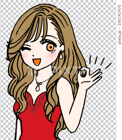 OKサインを出す赤いドレスのキャバ嬢 100142470