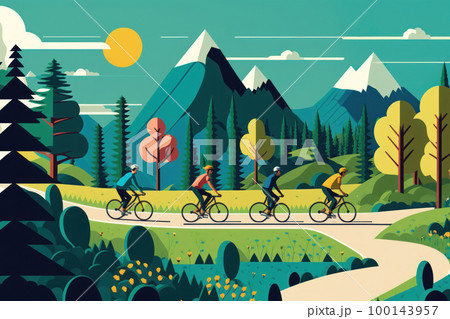 People are bike or exercise in park. World health day concept, flat design. People are bike or exercise in park. World health day concept, flat design. 100143957