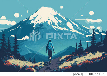 People hiking to wild or mountain, World health day concept, flat design. 100144183