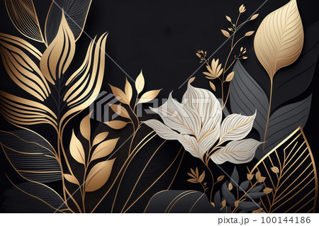 Minimal luxury style wallpaper with golden line art flower and botanical leaves background. 100144186