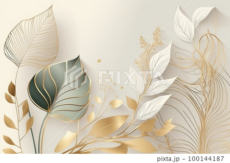 Minimal luxury style wallpaper with golden line art flower and botanical leaves background. 100144187