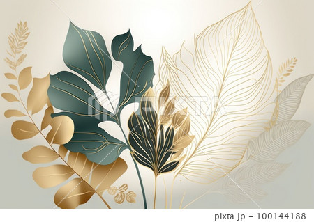 Minimal luxury style wallpaper with golden line art flower and botanical leaves background. 100144188