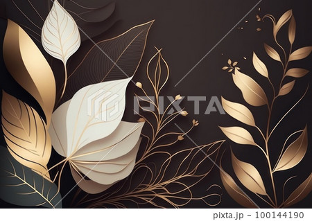 Minimal luxury style wallpaper with golden line art flower and botanical leaves background. 100144190
