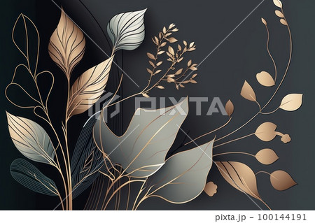 Minimal luxury style wallpaper with golden line art flower and botanical leaves background. 100144191