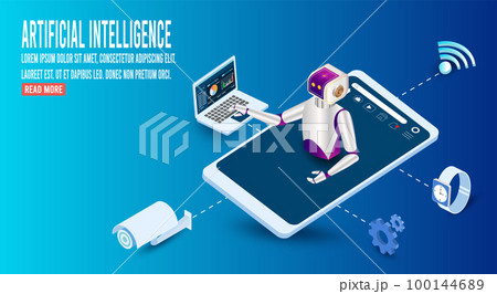 AI Learning and Artificial Intelligence Concept with AI Robot connected to Smart home technology has its applications in household appliances, home safety & security, lighting, and entertainment. 100144689