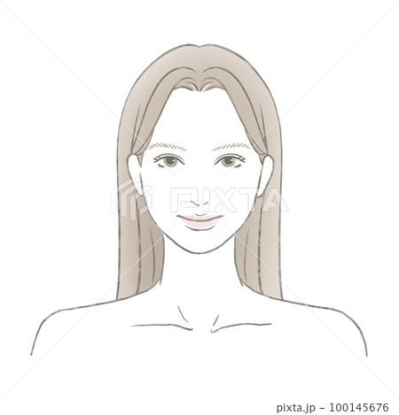 正面を向いたロングヘアの女性の顔 グリーンアイ 正面を向いたロングヘアの女性の顔 グリーンアイ 100145676