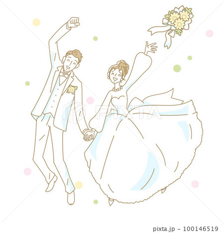 手をつないでブーケトスをする結婚式のカップル 100146519