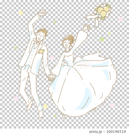 手をつないでブーケトスをする結婚式のカップル 100146519