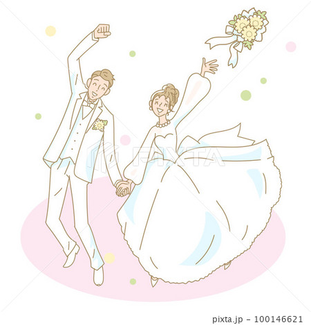 手をつないでブーケトスをする結婚式のカップル 100146621