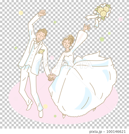 手をつないでブーケトスをする結婚式のカップル 100146621