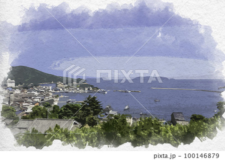 水彩画風　鞆の浦　港の眺望　広島県福山市 100146879