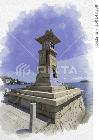 水彩画風　鞆の浦　常夜灯　広島県福山市 100147109