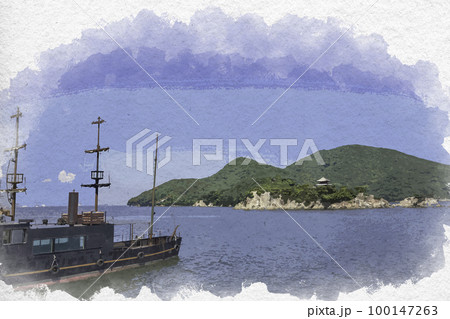水彩画風　鞆の浦　仙酔島　広島県福山市 100147263