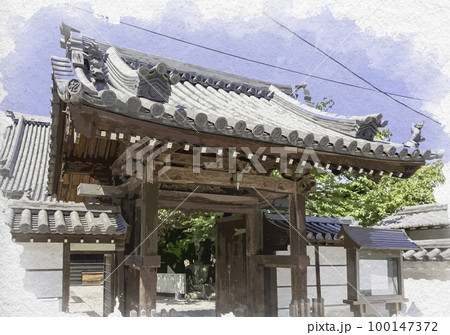 水彩画風　鞆の浦　明円寺　広島県福山市 100147372