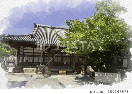 水彩画風　鞆の浦　明円寺　広島県福山市 100147373