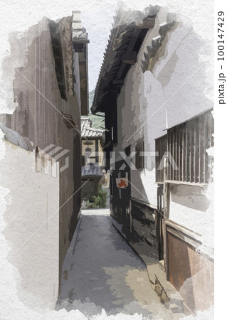 水彩画風　鞆の浦　鞆の浦の町並み　広島県福山市 100147429