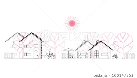 桜満開の省エネ住宅の街並み(ピンク+白) 100147553