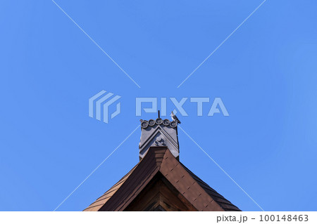 城南宮　本殿の屋根　鳥衾（とりふすま）に鳩が休んでいる 100148463