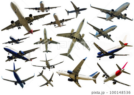 Many different aeroplanes on a clean white background 100148536