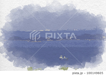水彩画風　瀬戸内海　白石島と北木島　広島県福山市 100149605