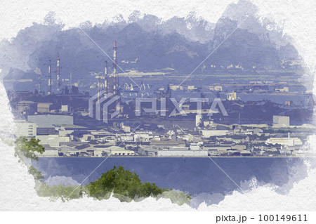 水彩画風　福山テクノ工業団地＋JFEスチール福山＋笠岡干拓地　広島県福山市 100149611