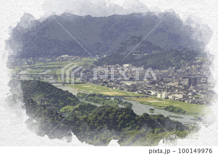 水彩画風　福山市街地眺望　芦田川　広島県福山市 100149976