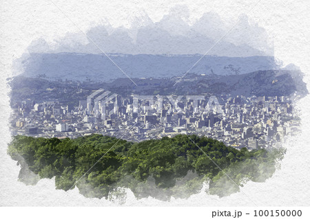 水彩画風 福山市街地眺望 広島県福山市 水彩画風 福山市街地眺望 広島県福山市 100150000