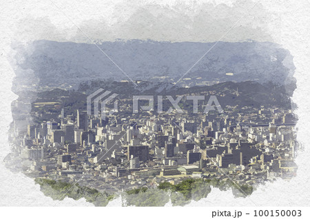 水彩画風　福山市街地眺望　広島県福山市 100150003
