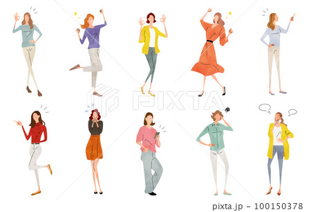 ベクターイラスト素材：喜怒哀楽を表現する女性たち、人物セット 100150378