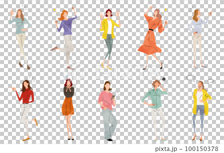 ベクターイラスト素材：喜怒哀楽を表現する女性たち、人物セット 100150378