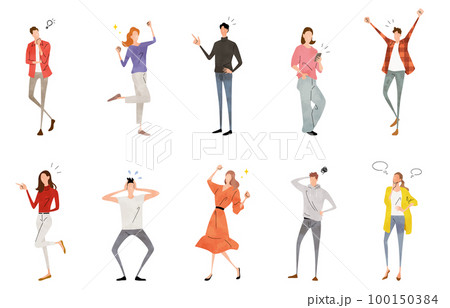 ベクターイラスト素材:喜怒哀楽を表現する男性と女性、人物セット ベクターイラスト素材:喜怒哀楽を表現する男性と女性、人物セット 100150384