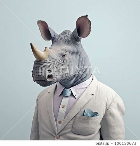 Fashion rhino in shirt. Light blue monochrome portrait. Pop art modern style and lifestyle concept. Contemporary art, creative idea. Generative AI 100150673