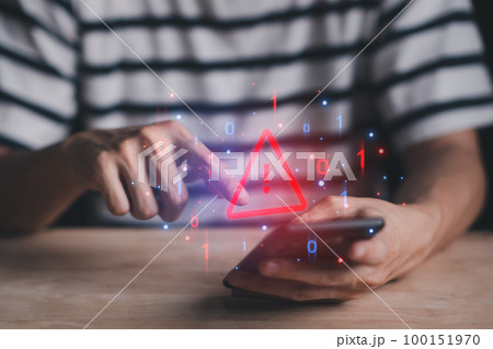 System hacked warning alert on smartphone. Cyber attack on computer network, Virus, Spyware, Malware or Malicious software. Cyber security and cybercrime. Compromised information internet. 100151970