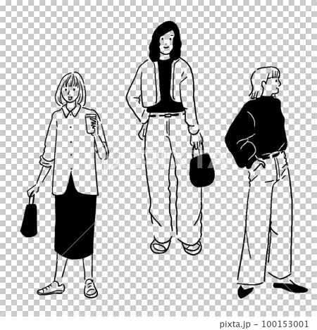 Hand drawn vector line drawing of a fashionable woman 100153001