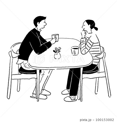 お茶をしている男女の手描きベクター線画 100153002