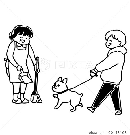 ライフワークの犬の散歩をしながら近所の人に挨拶をする 100153103