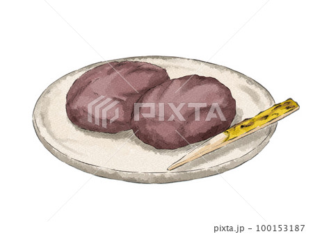 皿にのせたこしあんのぼたもちのイラスト（水彩風） 100153187