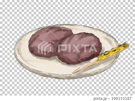 皿にのせたこしあんのぼたもちのイラスト（水彩風） 100153187