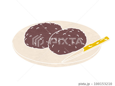 皿にのせたぼたもちのイラスト（版画風） 100153210