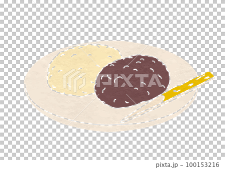 皿にのせたきな粉と粒あんのぼたもちのイラスト（版画風） 100153216