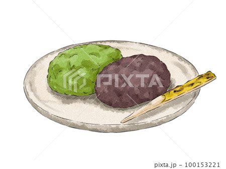 皿にのせた抹茶と粒あんのぼたもちのイラスト（水彩風） 100153221