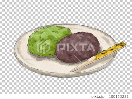 皿にのせた抹茶と粒あんのぼたもちのイラスト（水彩風） 100153221