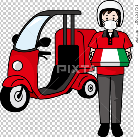 Delivery pizza Male delivery staff wearing a mask 100153751